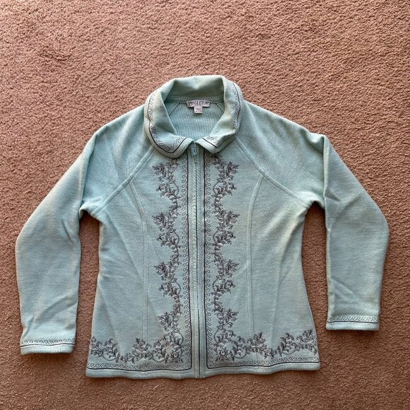 Pendleton Sweater Womens Petite Large Full Zip Collared Light Blue 100% Wool - Picture 1 of 11